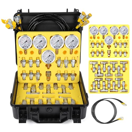 Hydraulic Pressure Test Kit,5 Gauges 12 Test Couplings.14 Tee Connectors.5 Test Hoses,Hydraulic Pressure Gauge Tester Set with Sturdy Carrying Case for Excavator Construction Machinery