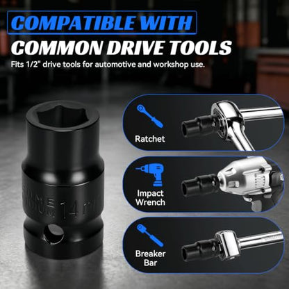 2PCS 14mm Impact Socket 1/2" Drive, 6 Point Metric Shallow Socket, CR-V Steel Heavy Duty Impact Wrench Socket for Automotive Repair - size: 14mm