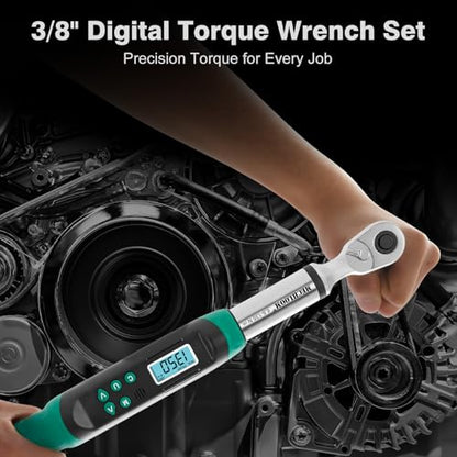 Digital Torque Wrench 3/8 Drive, 5–99.6 Ft-lbs / 6.8–135 N·m, ±2% Accuracy, Dual-Direction Ratchet, Electric Torque Wrench with Buzzer & LED Indicator for Bike, Motorcycle, Auto Repair