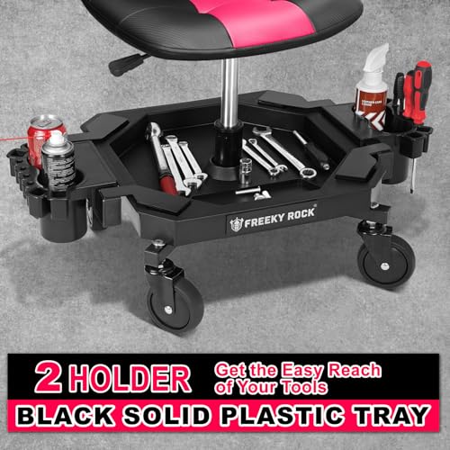 Rolling Stool with Wheels, Adjustable Height Pneumatic Garage Work Mechanic Stool Seat with Backrest, 400 LBS Capacity 360° Swivel Mechanic Crepper Chair with Tool Tray Storage, Pink - color: Pink