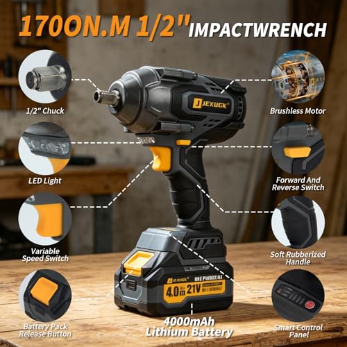 JEXUGK 1700Nm Impact Wrench, Cordless 1/2" Impact Gun with 2 x 4.0Ah Battery, Brushless High Torque Electric Impact Driver with 6 Socket & Extension Rod, Taladro De Impacto for Home Car Truck Tire Lug