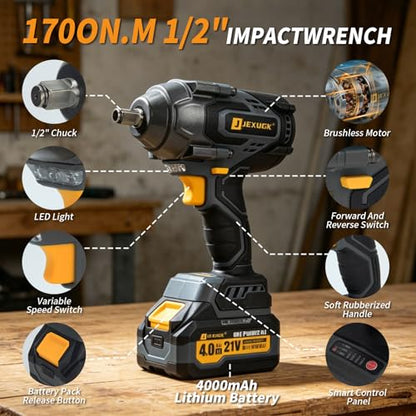 JEXUGK 1700Nm Impact Wrench, Cordless 1/2" Impact Gun with 2 x 4.0Ah Battery, Brushless High Torque Electric Impact Driver with 6 Socket & Extension Rod, Taladro De Impacto for Home Car Truck Tire Lug