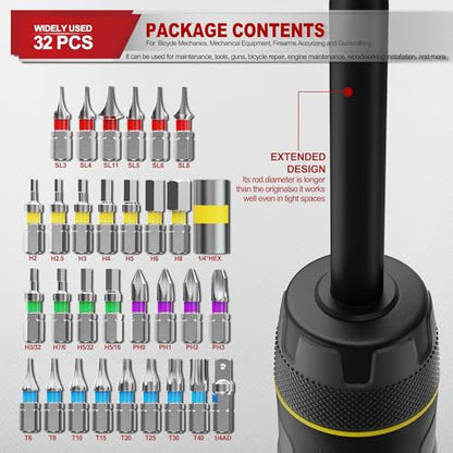 Long Shank Torque Screwdriver Set, 5-55 Inch Pounds lbs, 32 Piece 1/4" Drive Torque Screwdriver Wrench with S2 Steel Bits for Bicycle Mechanics, Mechanical Equipment, and Mounting - size: 5-55inch L