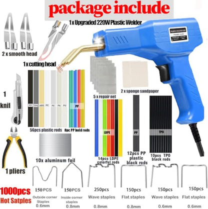 Upgraded 220W Plastic Welder, 2 in 1 Plastic Welding Repair Welder Kit 1000PCS Hot Stapler Soldering Gun with 100PCS Plastics Welding Rods Car Bumper Repair Kit for Most Plastics(Blue) - color: Blue
