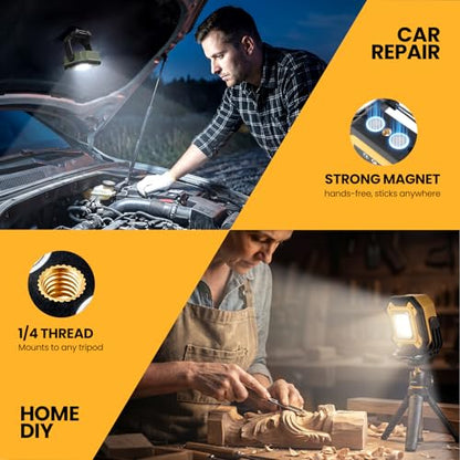 2-Pack 6000mAh Rechargeable LED Work Light, 16Hrs Long-Lasting 1200LM Waterproof Magnetic Job Site Lighting, 180° Rotating 4 Modes 6500K Work Lamp for Car Repair Mechanic Camping Fishing Emergency - color: Yellow