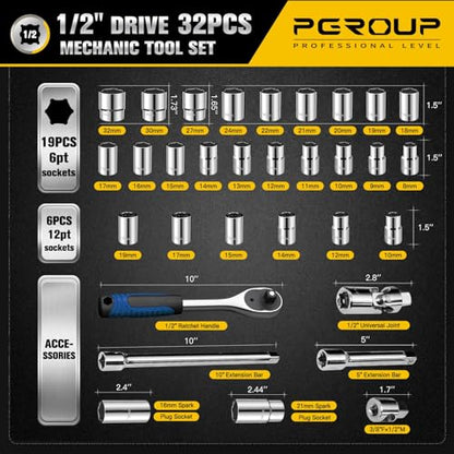 1/2 inch Drive 8mm-32mm Metric socket set, 32-piece Mechanic Tool Socket Ratchet Wrench Set, for Auto Repairing & Household - color: Silver