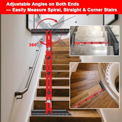 Stair Tread Template Tool – Stair Tread Gauge Jig, Aluminum Alloy Measuring and Scribe Tool for Accurate Angle, Depth, and Length Measurement of Stairs, Risers, and Partitions - color: BlackRed
