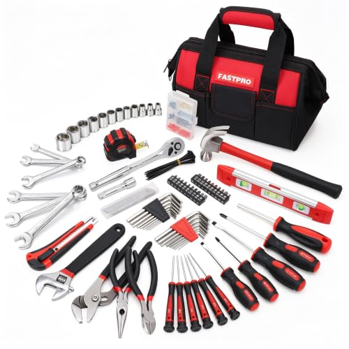FASTPRO 236-Piece Home Repairing Tool Set, Mechanics Hand Tool Kit with 12-Inch Wide Mouth Open Storage Bag, Household Tool Set for DIY, Home Maintenance, Red - color: Red