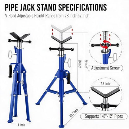 2PCS V Head Pipe Jack Stand, Folding Portable Pipe Stands for 1/8 to 12 Inch Pipes Supporting, 2500LB Load, 28''-52'h Adjustable - color: blue