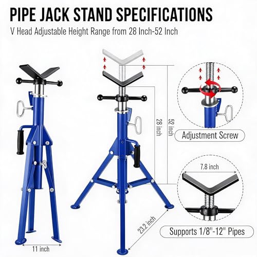 2PCS V Head Pipe Jack Stand, Folding Portable Pipe Stands for 1/8 to 12 Inch Pipes Supporting, 2500LB Load, 28''-52'h Adjustable - color: blue