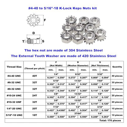 170PCS #4-40 to 5/16"-18 SAE Stainless Steel Keps K-Lock Hex Nut Kit | 304 Stainless Hex Nuts with 420 Steel Lock/Tooth Washers, UNC & UNF Anti-Vibration Fastener Set w/ Box