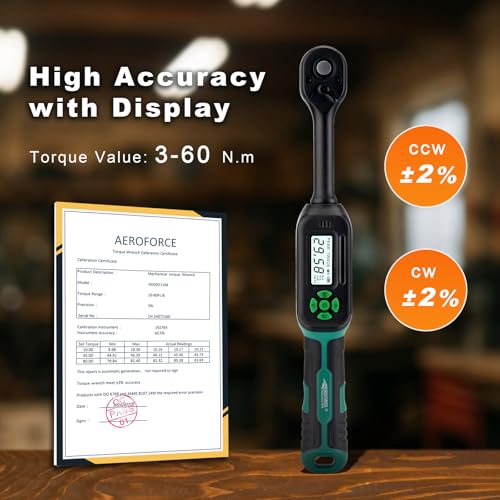 AEROFORCE Digital Torque Wrench - 3/8 Inch Drive Electric Torque Wrench (3-60Nm), Features Dual-Direction Ratchet, ±2% Accuracy, Buzzer & LED Alerts, 4-Measurement Unit (Nm/lb.ft/in.lb/kgf.cm) - style: 3/8’’ 2.21-44.25 lb.ft