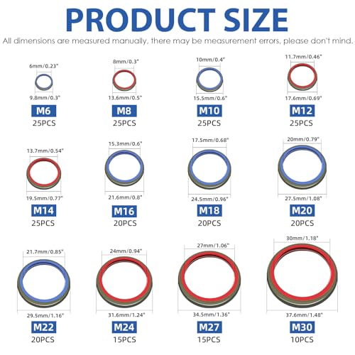 Glarks 245Pcs Sealing Gasket Kit NBR Metric Metal Oil Drain Plug Gasket Assortment Kit Bonded Seal Washer Combination Oil Sealing O-Ring Fit 12 Sizes M6 M8 M10 M12 M14 M16 M18 M20 M22 M24 M27 M30