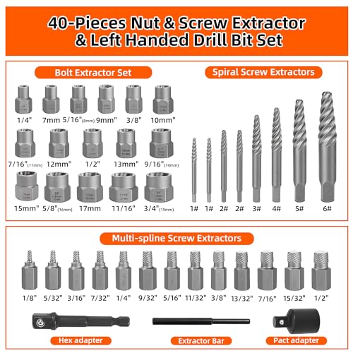 40 Pcs Screw Extractor Set 2-in-1 Hex Head Multi-Spline Lug Nut Remover | 3/8 Inch Drive Easy Out Bolt Extractor Set for Removing Stripped, Rounded, Damaged, Broken Studs Bolts Screws - size: 40pcs
