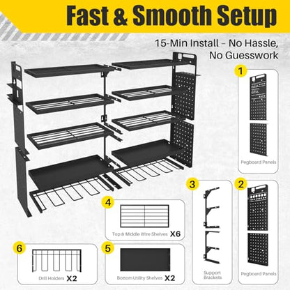 Large 5-Tier Power Tool Organizer Wall Mount, 320lbs Load Capacity Garage Storage Rack with 8 Drill Holders, 34" Heavy Duty Metal Utility Shelf, Holds Over 30 Tools for Garage Workshop