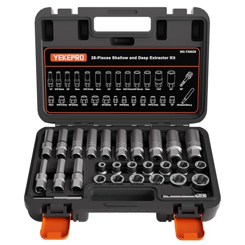 28Pcs Deep Bolt Extractor Set, Spark Plug Extractor Socket Set, with 3/8" Drive for Removing Damaged Rounded-Off Bolts, Nuts, Studs, Threaded Tubes - size: 28-pieces