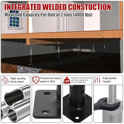 4 Pack 18-33.5 Inch Adjustable House Floor Jacks, Heavy Duty, 2 Ton Each | Crawl Space Jack Posts Provide Temporary Support for Floor Leveling, Beam Repair and RV Steps; Includes Adjustment Wrench - size: 18-33.5 inch