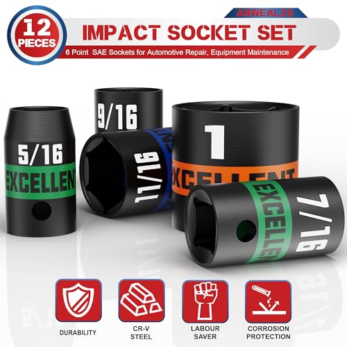 12 Pieces 3/8-Inch Drive Impact Socket Set, 5/16" to 1" Shallow Socket, 6 Point SAE Sockets for Automotive Repair, Equipment Maintenance - size: 3/8 Inch SAE