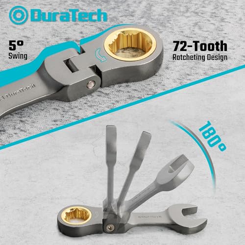 DURATECH 12-Piece Anti-Slip Flex-Head Ratcheting Wrench Set, Stubby Combination Wrench Set, Metric, 8-19mm, 72-Teeth, CR-V Steel, Nickel Plated with Pouch