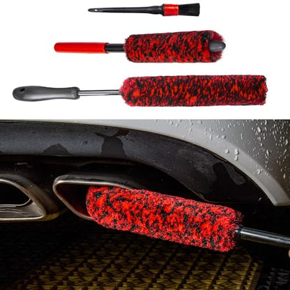 Metal Free Soft Wheel Cleaner Brush, Synthetic Wool Car Cleaning Brush, Highly Water Absorption, Dense and Durable Tire Brush for Cleaning Wheels, Rims, Spokes, Fenders, Engines… - color: black+red