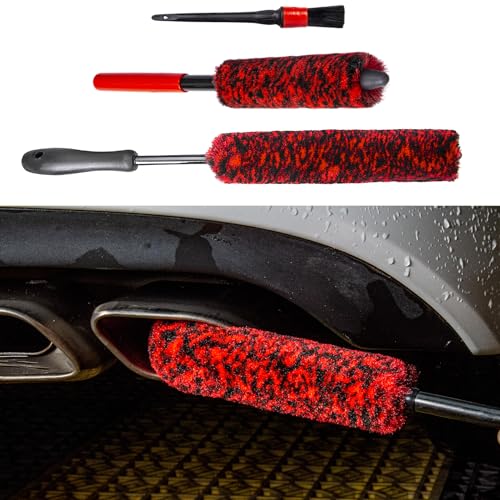 Metal Free Soft Wheel Cleaner Brush, Synthetic Wool Car Cleaning Brush, Highly Water Absorption, Dense and Durable Tire Brush for Cleaning Wheels, Rims, Spokes, Fenders, Engines… - color: black+red