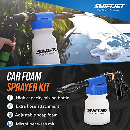 SwiftJet Car Wash Foam Gun + Microfiber Wash Mitt - Foam Cannon Works with Any Soap - Garden Hose Car Foam Sprayer - Car Wash Kit - Car Accessories Foam Blaster (Blue Foam Gun with Mitt) - color: Blue Foam Gun with Mitt