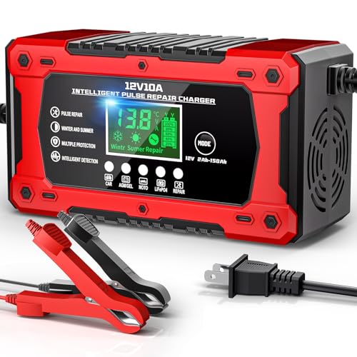10A 12V Battery Charger for Car Fully Automatic Smart Trickle Charger & Maintainer with LCD Display, Temperature Compensation for Truck, Motorcycle, Boat, Lawn Mower - color: Light Red