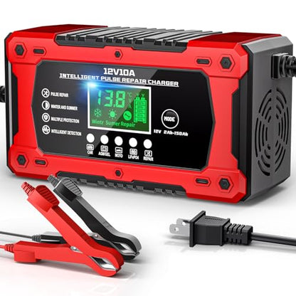 10A 12V Battery Charger for Car Fully Automatic Smart Trickle Charger & Maintainer with LCD Display, Temperature Compensation for Truck, Motorcycle, Boat, Lawn Mower - color: Light Red