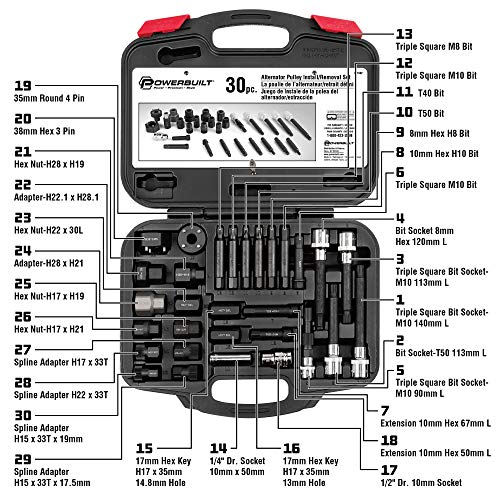 Powerbuilt Alternator Puller Kit, Specialty Tools Car Engine & Vehicle Drive Trains, Steering Pulley Installer, Spline Adapters, 30 Piece 647882 - style: 30 Piece