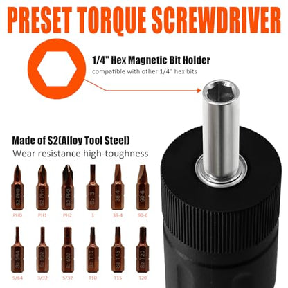 coobeast 13Pcs Preset 1/4” Drive Torque Screwdriver with S2 Bits | Torque Wrench Screwdriver Set for Maintenance, Tools, Bike Repairing and Mounting, Inch Pound Torque Range 10-70 In-lb - size: 13 PCS