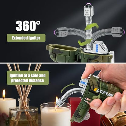 LcFun USB Rechargeable Electric Arc Lighters Windproof Plasma Lighter with LED Battery Display, Waterproof Matches with Flashlight for Camping, Survival Tactical Gear - color: Camouflage, style: Flexible Arc With Flashlight