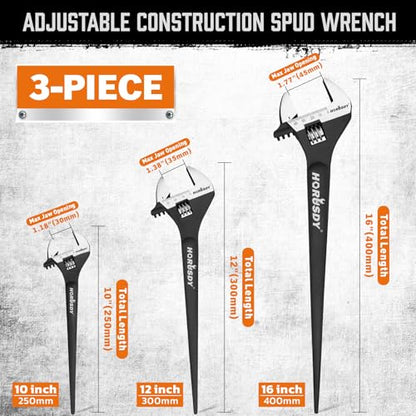 HORUSDY 3-Piece Adjustable Spud Wrench Set, 10", 12", 16", CR-V Steel, SAE & Metric Scale, Black Oxide Finish, Heavy Duty Wrenches for Construction, Mechanical Repair, DIY and Outdoor Projects - style: 3PC Spud Wrench Set, 10" 12" 16"