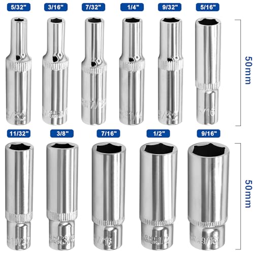 DAKCOS 11 Piece 1/4-Inch Drive SAE Deep Socket Set 5/32-9/16 Inch Lenth 50mm - size: 1/4"|SW 5/32-9/16 inch