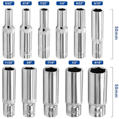 DAKCOS 11 Piece 1/4-Inch Drive SAE Deep Socket Set 5/32-9/16 Inch Lenth 50mm - size: 1/4"|SW 5/32-9/16 inch