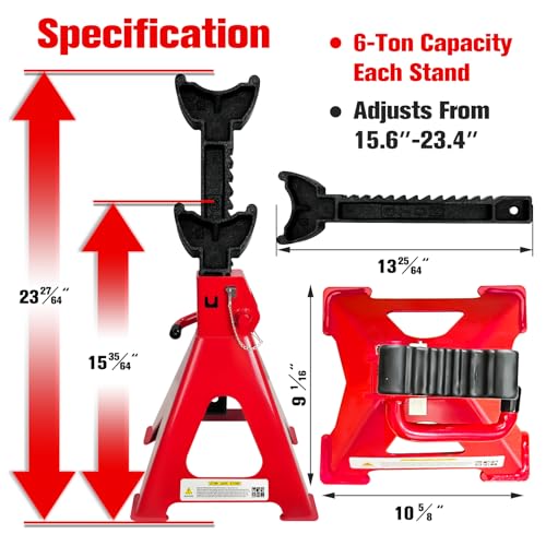6 Ton Jack Stands (13,200 LBs Capacity) - Heavy Duty Car Jack Stands with Double Pin Locking, 15.6"-23.4" Adjustable Height, Extra Rubber Pads for Trucks, Garage, Vehicle Lifting, 1 Pair Red - color: Red, size: 6 Ton Jack Stands with Rubber Pads