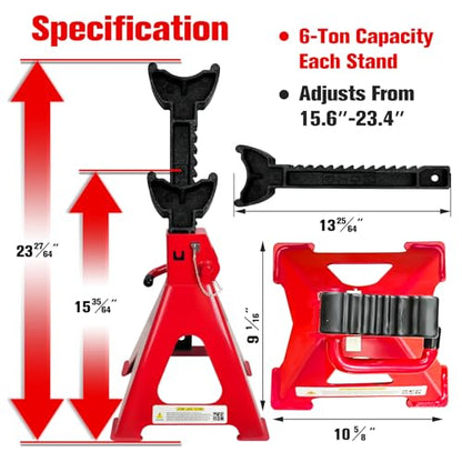 6 Ton Jack Stands (13,200 LBs Capacity) - Heavy Duty Car Jack Stands with Double Pin Locking, 15.6"-23.4" Adjustable Height, Extra Rubber Pads for Trucks, Garage, Vehicle Lifting, 1 Pair Red - color: Red, size: 6 Ton Jack Stands with Rubber Pads