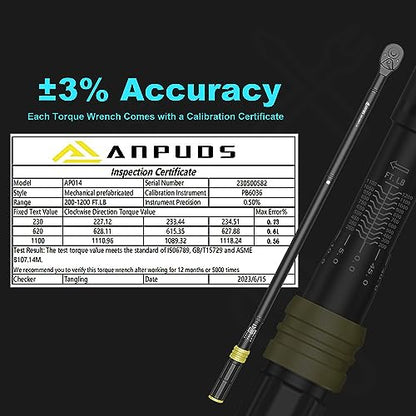 ANPUDS 1-Inch Click Torque Wrench, 200-1200 Ft-Lb/271-1626 Nm, Heavy Duty | ±3% Accuracy, 48-Tooth Quick Release, Cr-V Steel, Dual-Direction, for Mining Truck, Marine, Oil Field & Wind Turbine - size: 200-1200 ft-lb / 271-1626 Nm