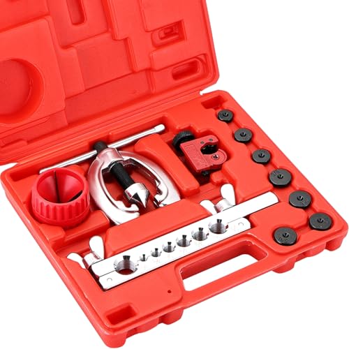 11-Piece Flaring Tool Kit for 45° Single & Double Flares | Brake Line Flare Tool with 7 Adapters, Tube Cutter Deburring Tool for Hydraulic System, Copper Tubing Flare Kit