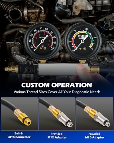OMT Automotive Cylinder Leakdown Diagnostic Detector Tool Kit for Petrol | Solid Brass Core Construction; 2.7 Inch Shockproof Dual Gauges; Spark Plug Adapter; Vehicle Diagnostics; For Pro Mechanics