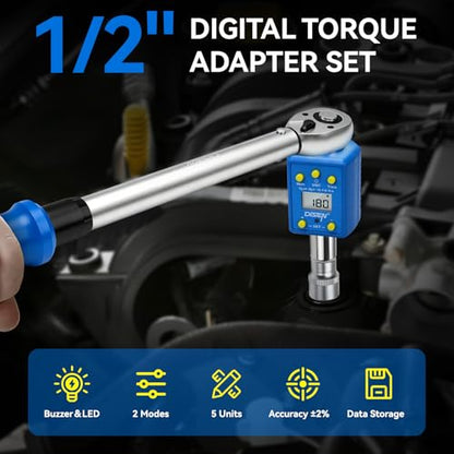 DISEN 1/2" Digital Torque Adapter Set (10-200 N.m / 7.4-147.5 ft-lb), ±2% Accuracy, Mem & Trace Modes, Buzzer & LED Alert,Works with Ratchet & Breaker Bar, for Automotive Motorcycle - style: 1/2" Digital Torque Adapter Set