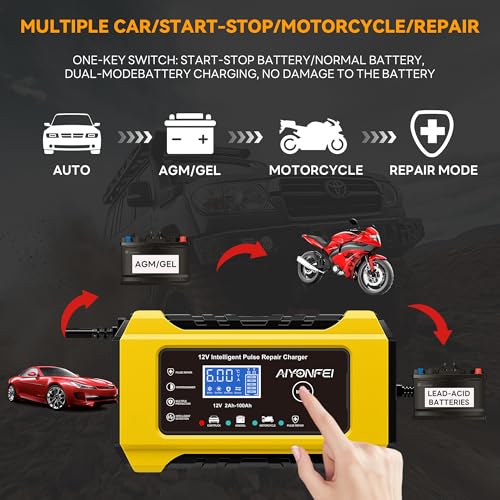 6A 12V Car Battery Charger Maintainer Trickle Charger, Yellow | Smart Battery Desulfator, Temperature Compensation, for Car Truck Motorcycle, Lawn Mower Marine - color: Yellow
