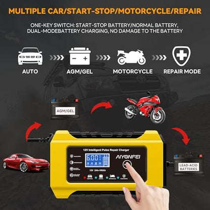 6A 12V Car Battery Charger Maintainer Trickle Charger, Yellow | Smart Battery Desulfator, Temperature Compensation, for Car Truck Motorcycle, Lawn Mower Marine - color: Yellow