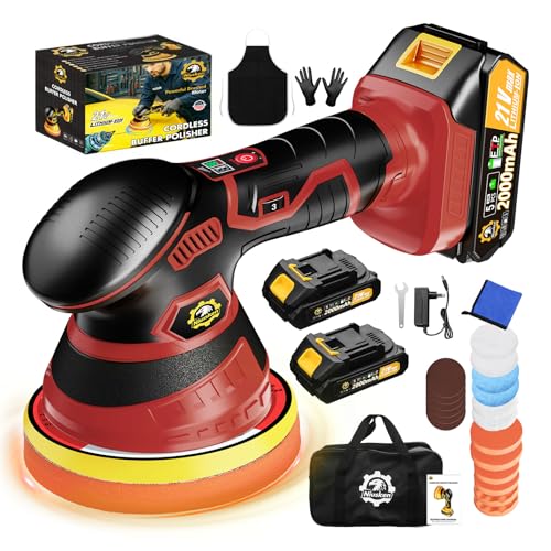 Cordless Car Buffer Polisher kit, DA Polisher with 2*21V Batteries | 2x 21V 2000mAh Batteries, 6-speed, LED Display, Random Orbital, 18 pcs Assorted Polishing Pads for Car Detailing-Red - color: Red