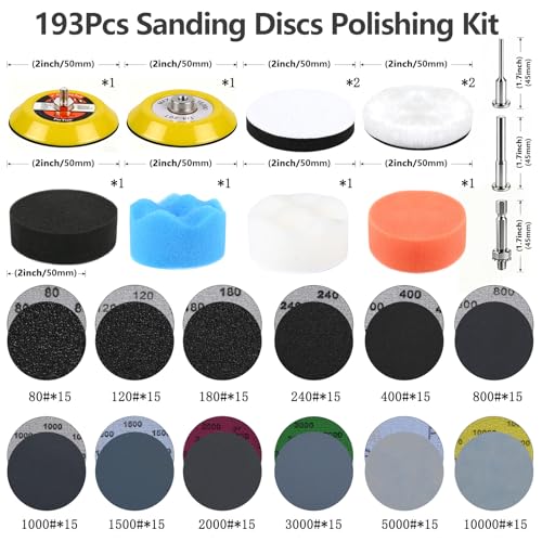 193 Pcs 2 Inch Sanding Discs, Headlight Restoration Polishing Kit | 80-10000 Grit Wet Dry Hook & Loop Sandpaper, Drill Sanding Attachment with Rotary Tools for Auto, Glass & Resin Expoxy - style: 2 Inch-193Pcs