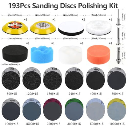 193 Pcs 2 Inch Sanding Discs, Headlight Restoration Polishing Kit | 80-10000 Grit Wet Dry Hook & Loop Sandpaper, Drill Sanding Attachment with Rotary Tools for Auto, Glass & Resin Expoxy - style: 2 Inch-193Pcs