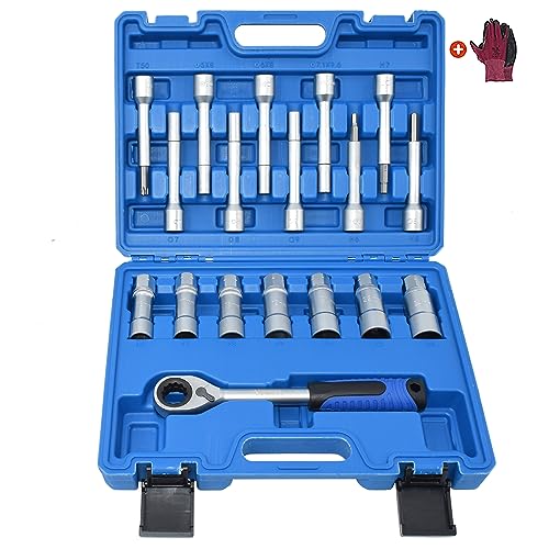 18PCS Steering Hub Suspension Shock Absorber Strut Nut Removal Tool Socket Kit, 1/2 inch Suspension Strut Spreader Tool Set, with Gloves