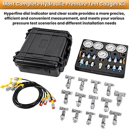 Hydraulic Pressure Test Kit with 5 Gauges 13 Test Couplings 14 Tee Connectors 5 Test Hoses for Excavator Construction Machinery 10/100/250/400/600bar 150/1500/4000/6000/9000PSI - style: 5 Gauges 27 Test Couplings