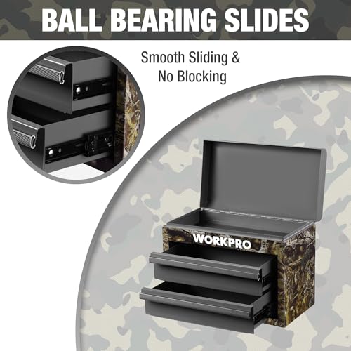 WORKPRO Metal Mini Tool Box with 2 Drawers and Top Storage | Cold Rolled Steel Toolbox, Ball Bearing Slides, PVC Drawer Liners, PP Feet Pads, Durable Storage - color: Green Camo