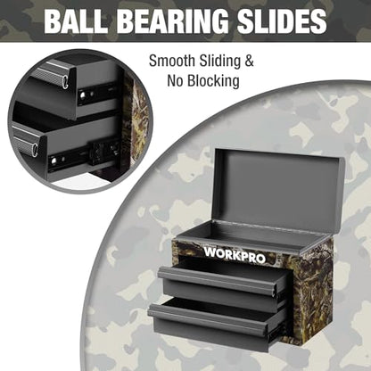 WORKPRO Metal Mini Tool Box with 2 Drawers and Top Storage | Cold Rolled Steel Toolbox, Ball Bearing Slides, PVC Drawer Liners, PP Feet Pads, Durable Storage - color: Green Camo