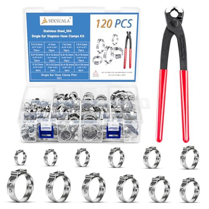 120PCS Hose Clamp Kit – 304 Stainless Steel Single Ear Clamps, 12 Sizes (5.3mm-28.6mm / 3/16"-1-1/8") with Pincer & Case – for Automotive, Plumbing, Farm, Garden, Lawn & Industrial Pipes
